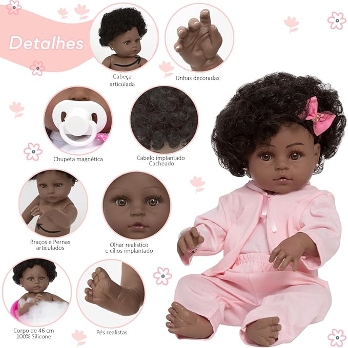 Boneca Bebe Reborn Fun Game Cabelo Cacheado Preto